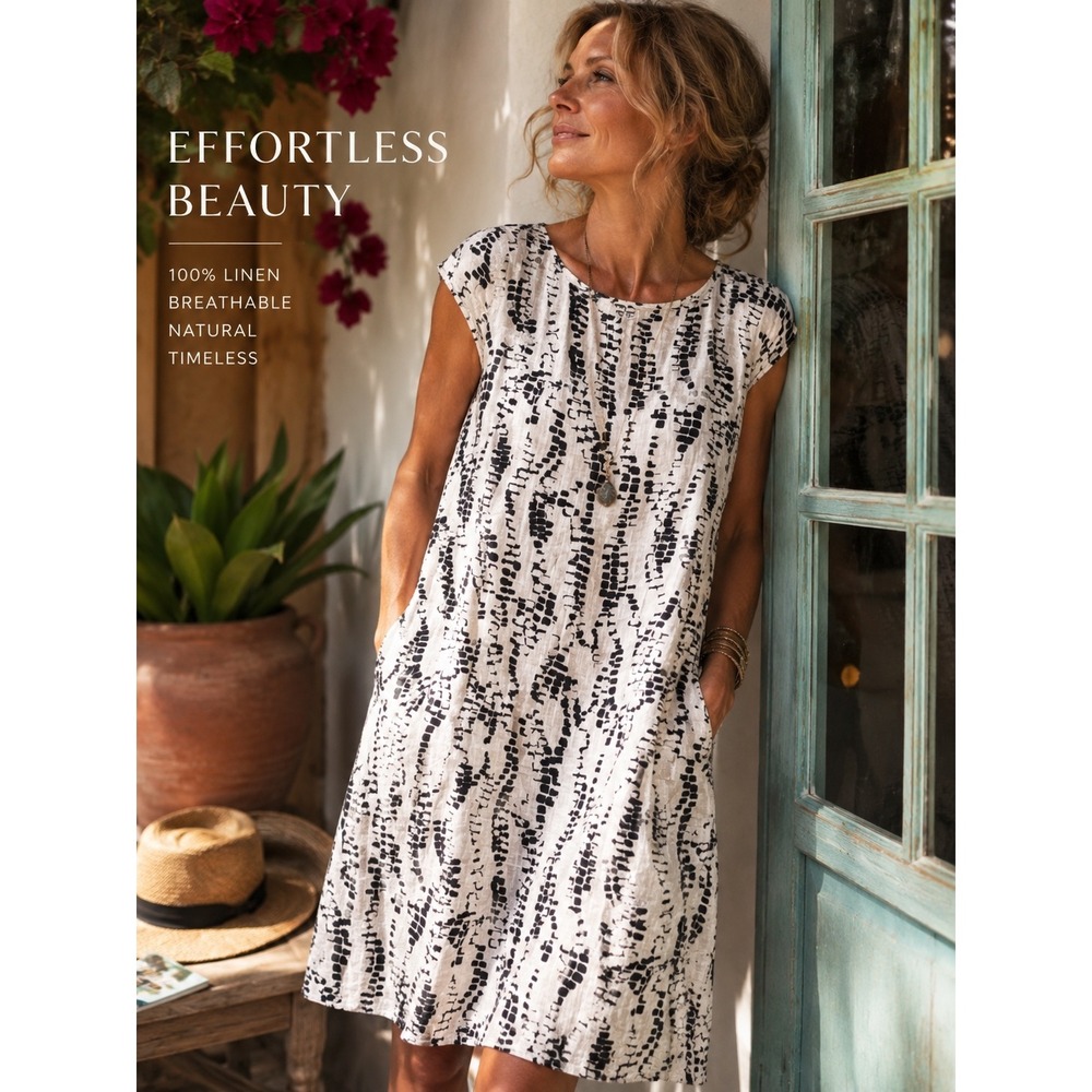 Lina Tomei Linen Italian Dress Cream Black Abstract‎ Print Cap Sleeve L